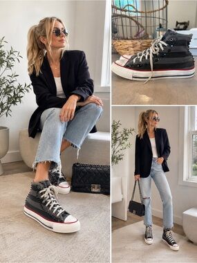 Converse High Top Sneakers in Black, Gray & White with Red Trim